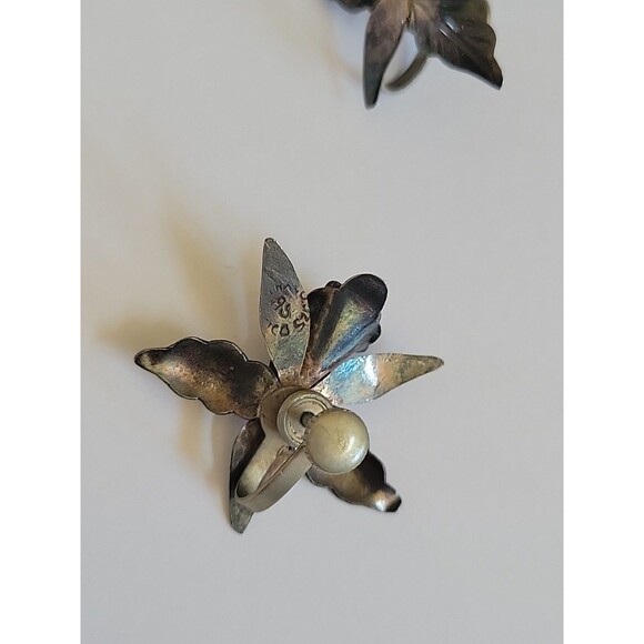 Taxco Mexico 925 Iris Flower Ornate Design Brooch Pin Screw Back Earrings Set - Picture 14 of 16